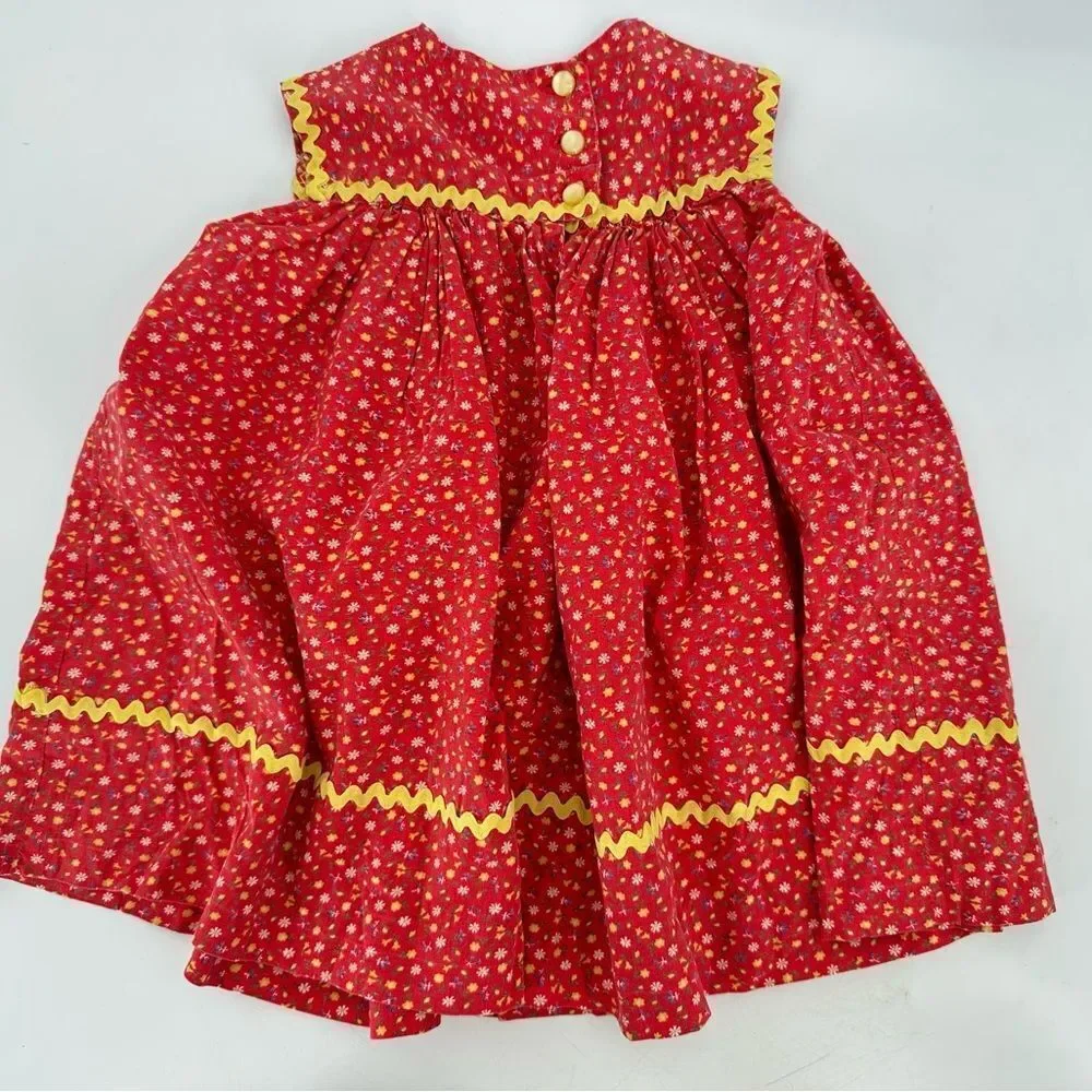 Vintage Handmade Girls Red Floral Dress 18–24M Yellow Rickrack Trim